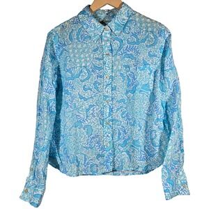 Lilly Pulitzer Linen Button Down Shirt Blue White Coral Print Size Small